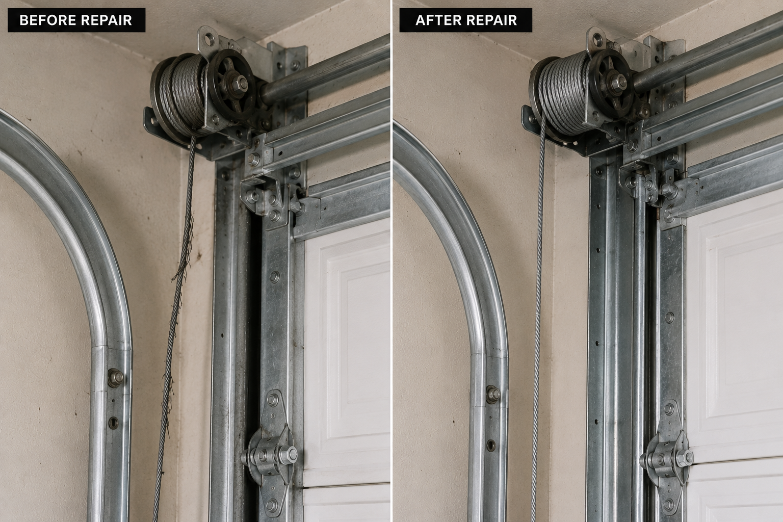 Before and after garage door cable damage repair