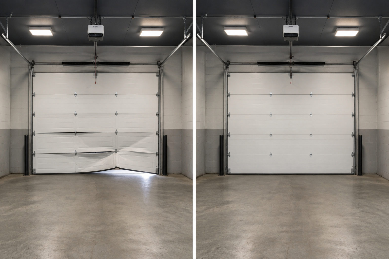 Before and after commercial garage door structural damage repair and alignment in Weatherford TX
