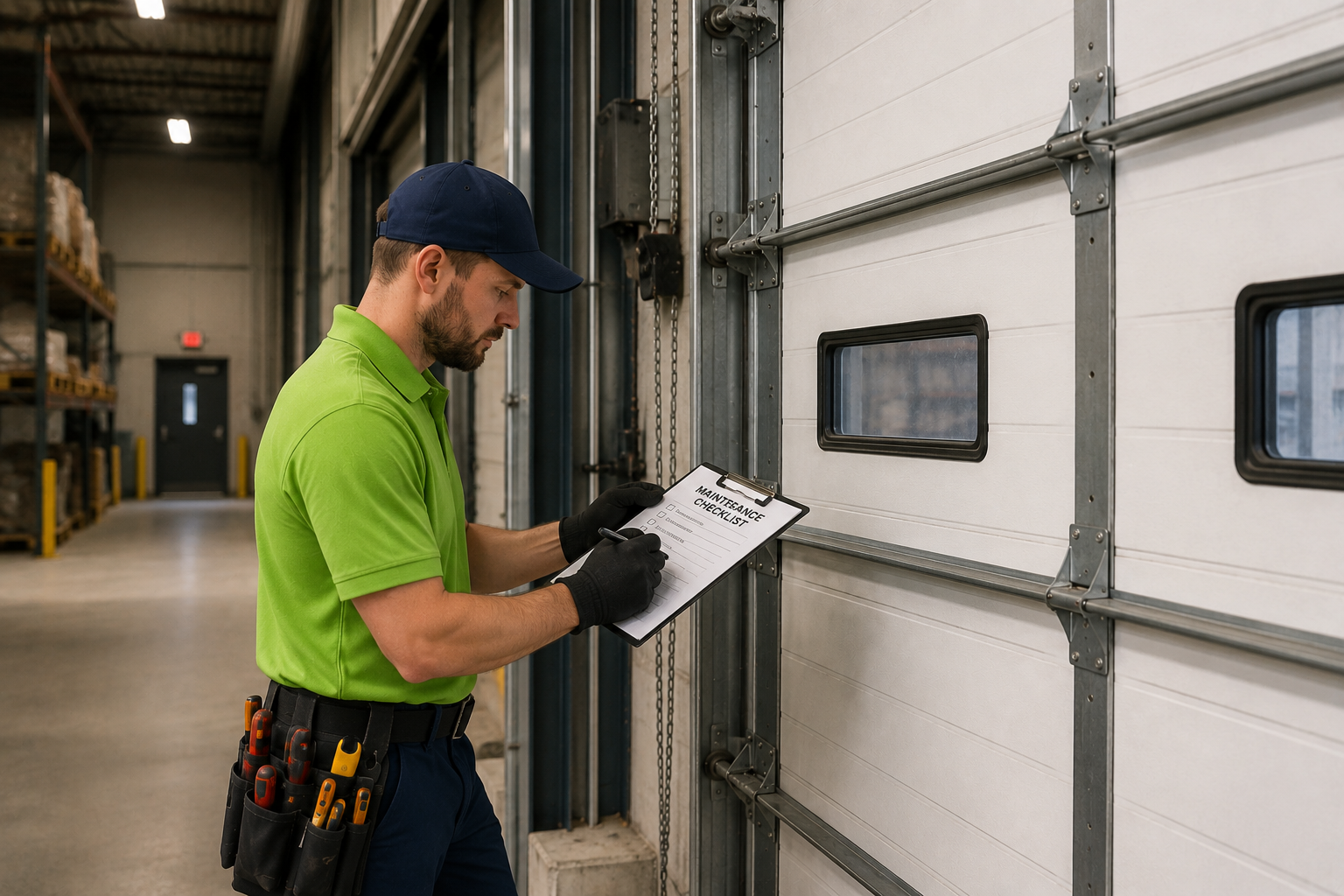 Garage door technician inspecting garage door