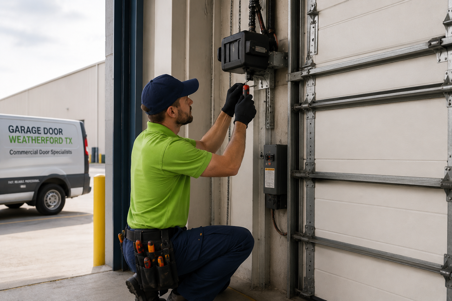 Garage door technician installing and aligning commercial garage door in Weatherford TX