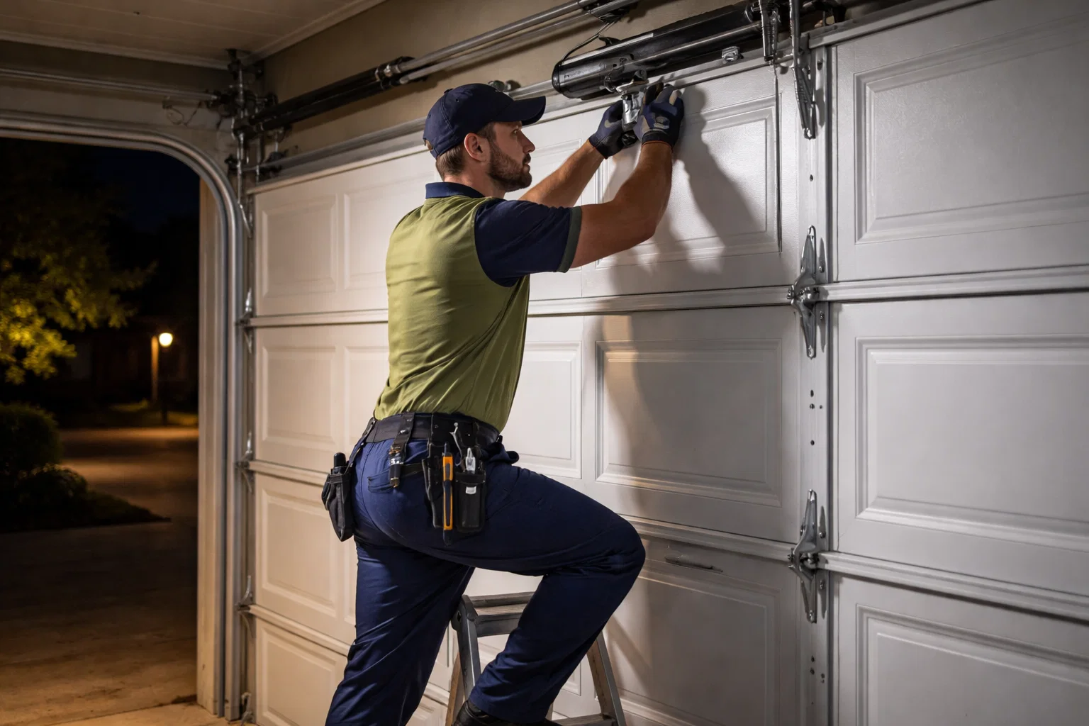 Emergency garage door repair service technician fixing residential garage door at night in Weatherford TX
