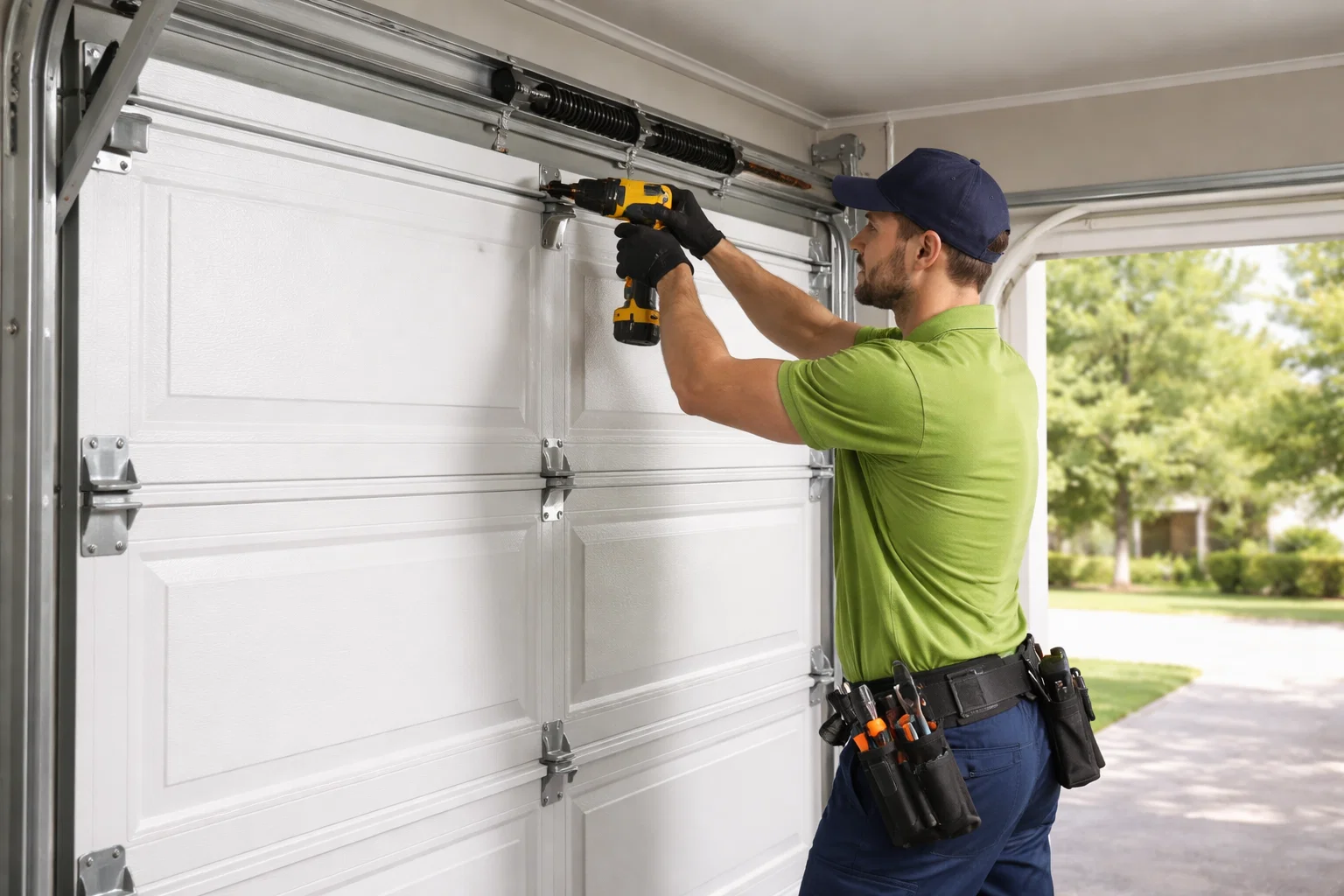 Garage door technician installing and aligning residential garage door in Weatherford TX