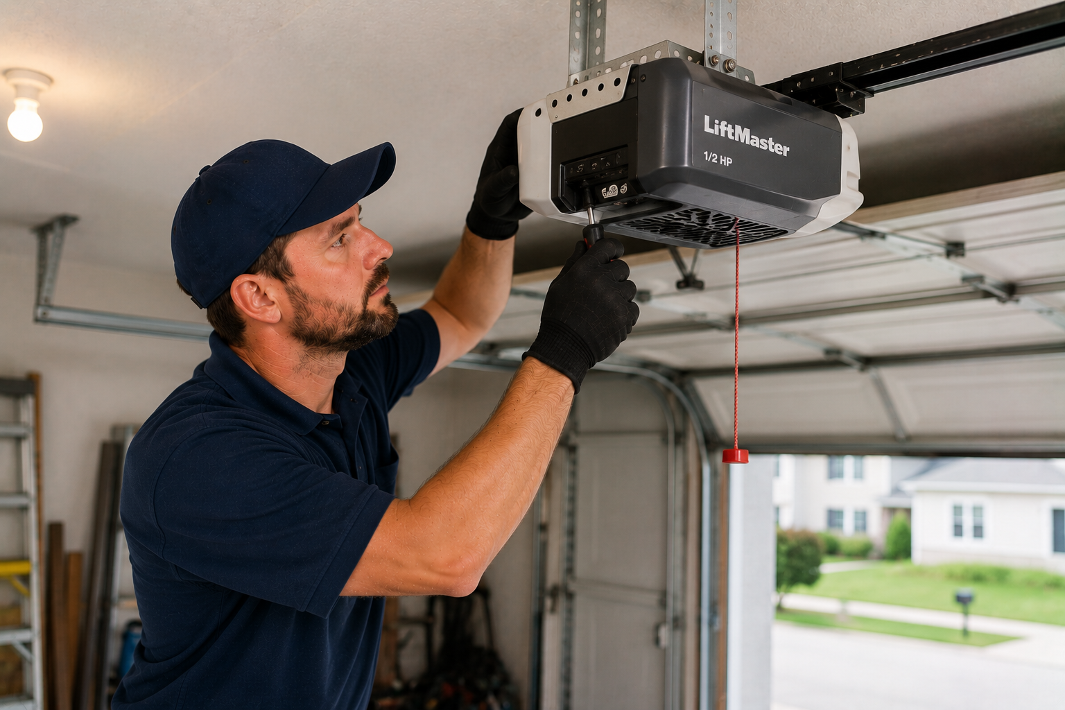 Garage door technician fixing opener