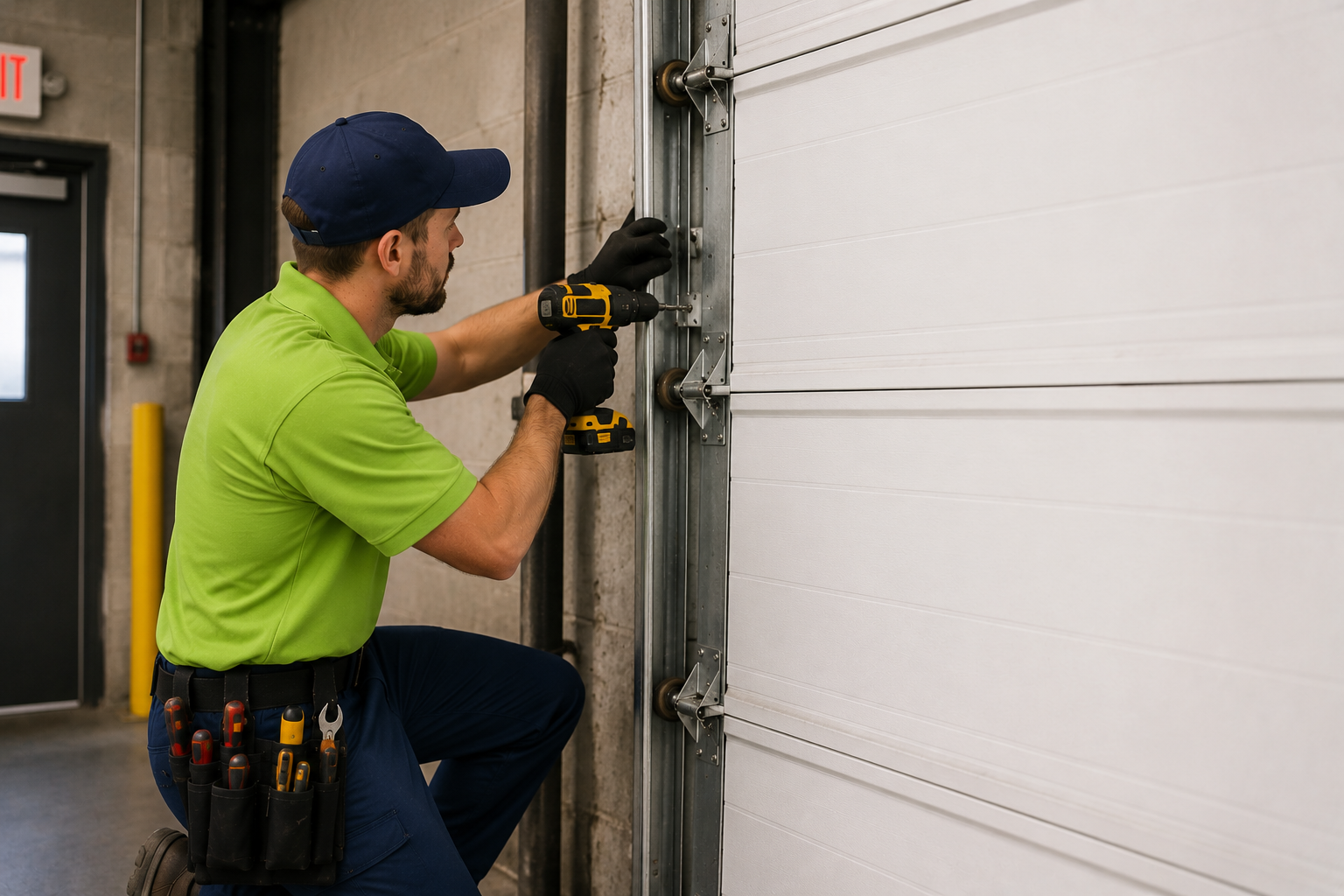 Garage door technician maintaining roller