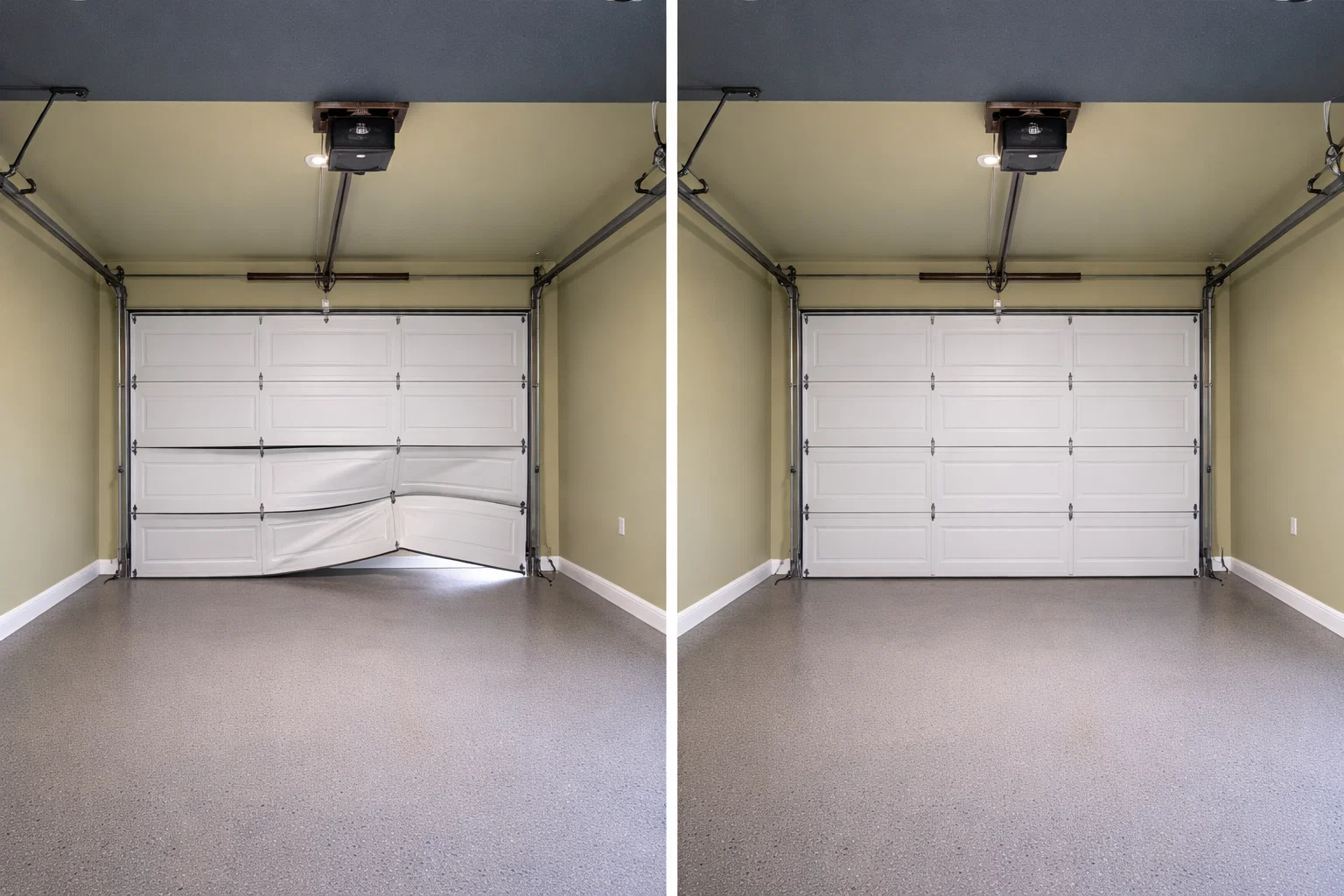 Before and after garage door structural damage repair and alignment in Weatherford TX