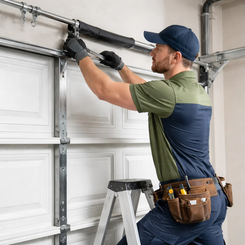 Professional garage door technician repairing and adjusting residential garage door in Weatherford TX