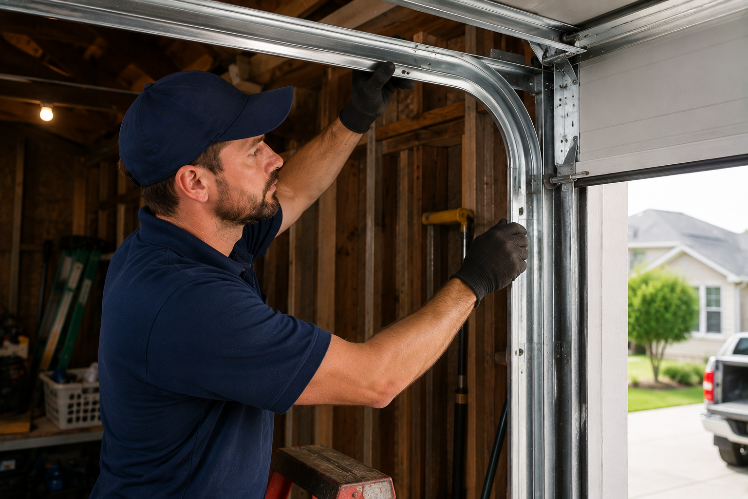 Garage door technician installing track