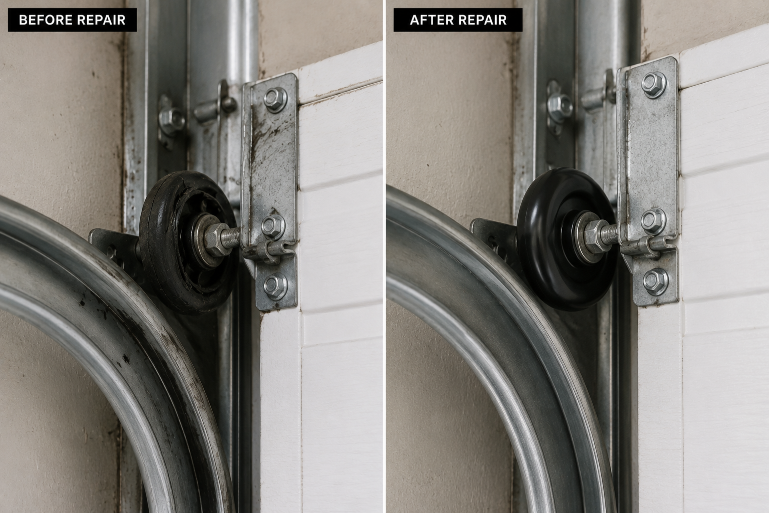 Before and after garage door roller repair