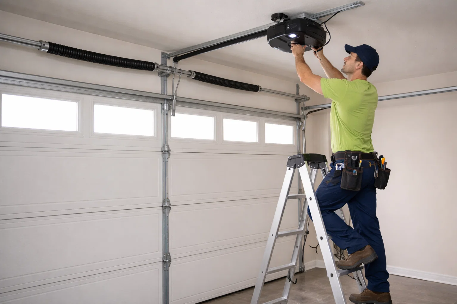 Garage door technician installing smart opener and upgrading springs and cables in Weatherford TX