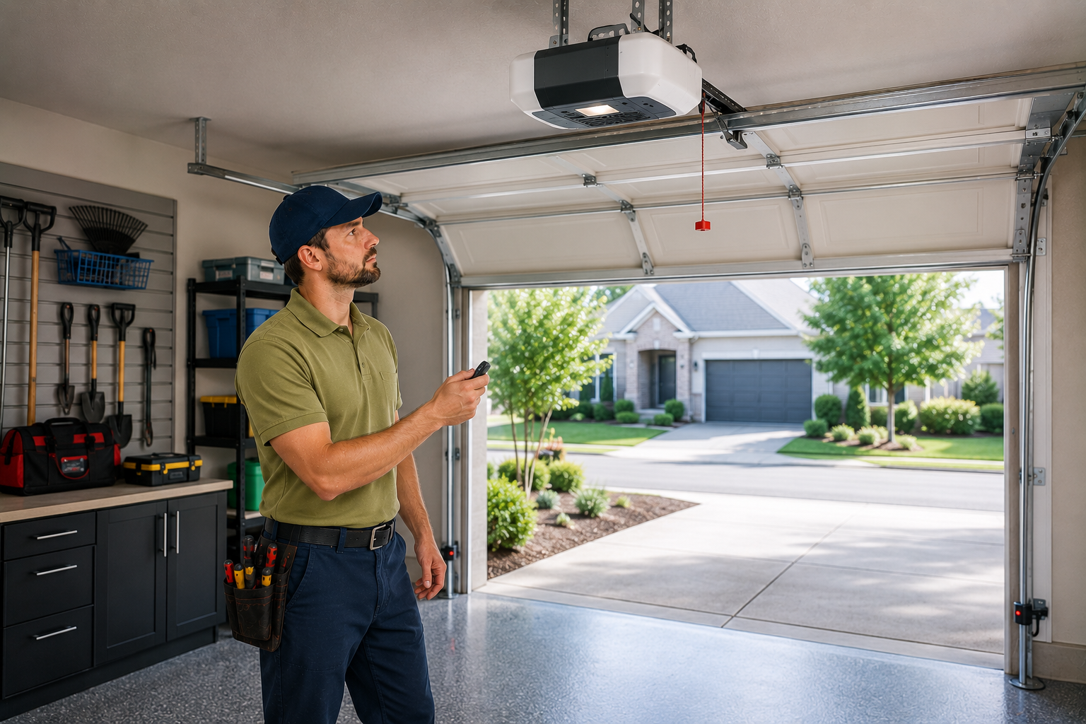 technician testing garage door opener