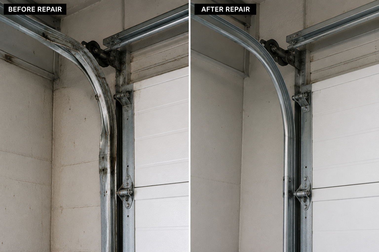 Before and after garage door track repair